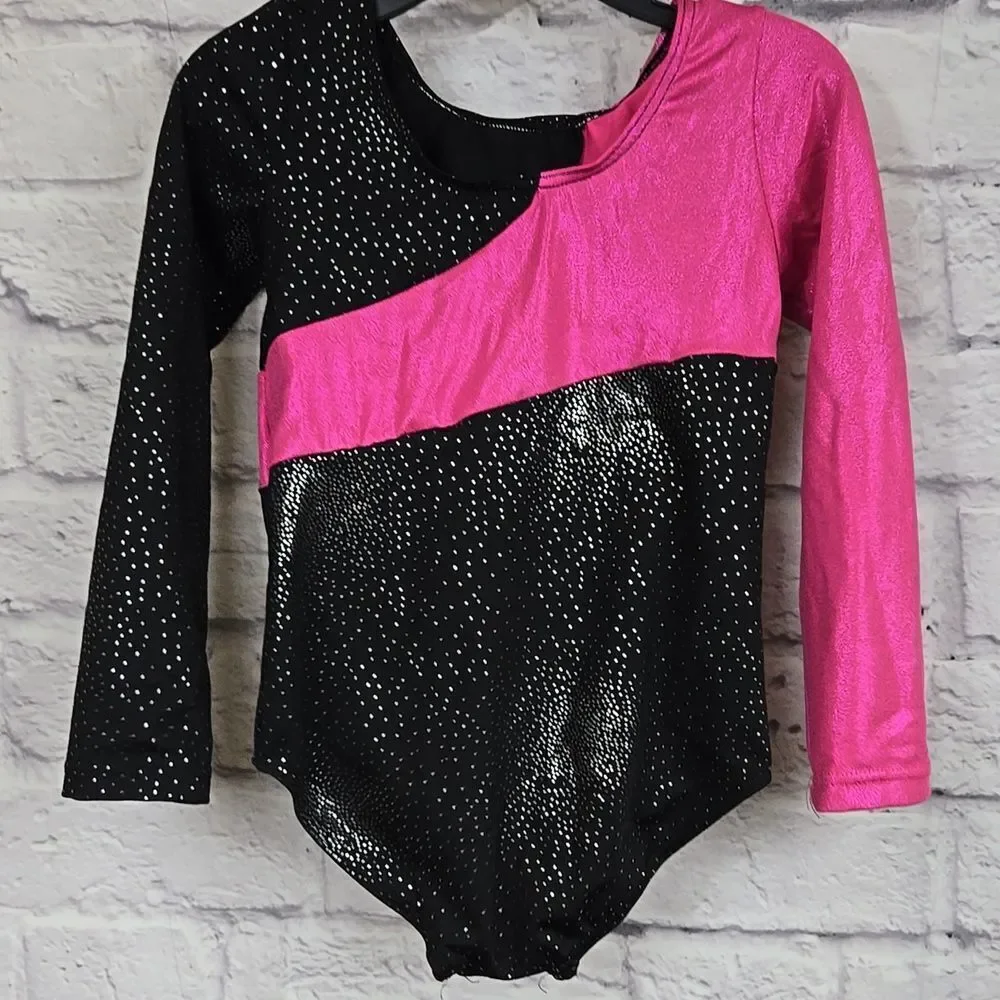 Girls Pink Black Sparkle Leotard Gymnastics Dance Tank Kids 110 3-4 Y Tumbling